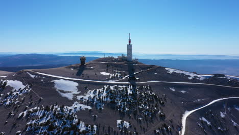 Snowy-Mont-Ventoux-north-side-summit-aerial-sunny-day-Vaucluse-Provence-France